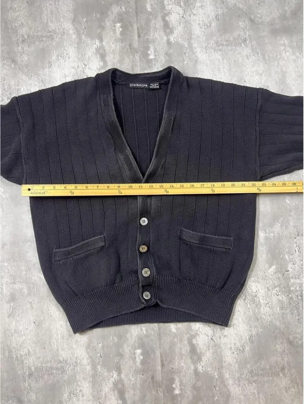 Vintage Claiborne Ribbed Cardigan Sweater Black Cotton Grandpa Knit